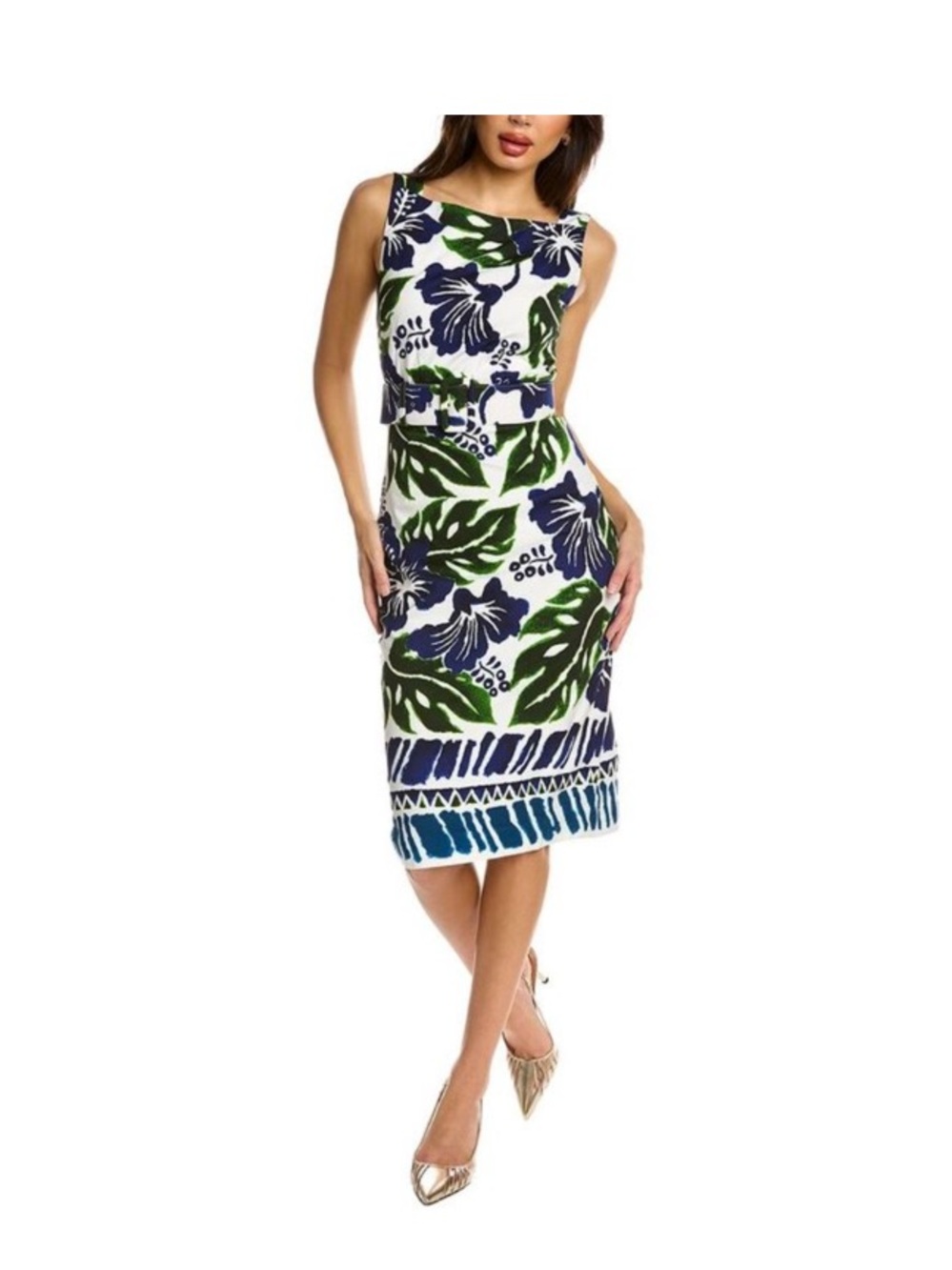 SAMANTHA SUNG White Midi Dress with Navy & Green Floral Print Size 2